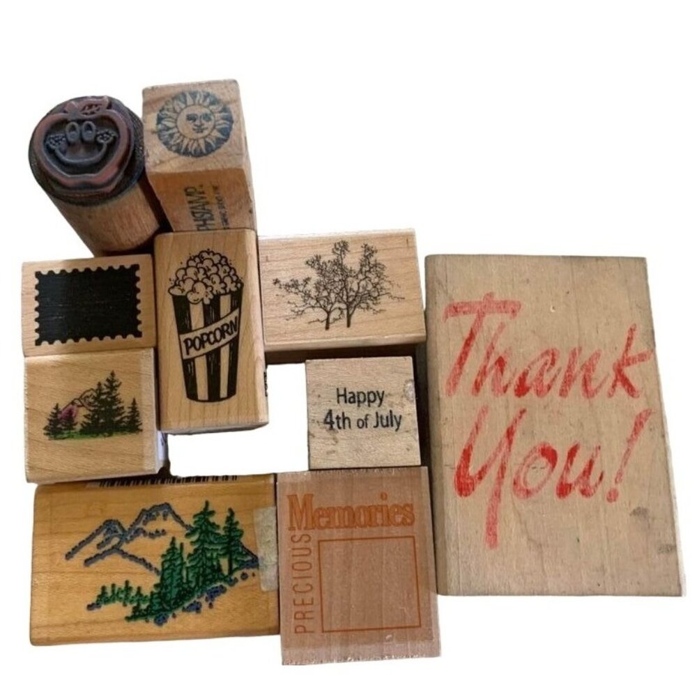 Wooden Rubber Stamp Lot Assorted Prints & Sayings Crafting Fun Art Celebrations